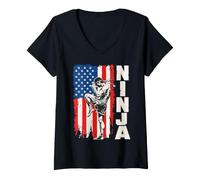Women's American Flag USA Muay Thai Fighter Kickboxing Ninja V-Neck T-Shirt