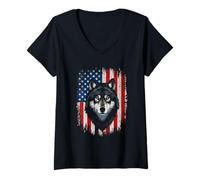 Womens American Flag Wolf Fierce Freedom 4th of July Unity V-Neck T-Shirt