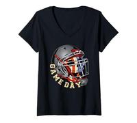 Womens American Football - American Flag Skull - Game Day V-Neck T-Shirt