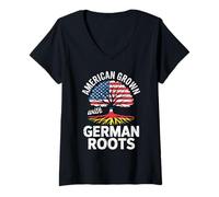 Womens American Grown with German Roots Tree Flag Cultural V-Neck T-Shirt