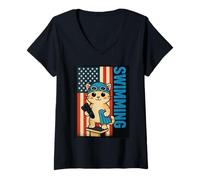 Womens American Patriotic Flag Athletic Sports Swimmer Cute Cat V-Neck T-Shirt