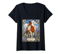 Women's American Pinto Paint Art Nouveau Horse Lover V-Neck T-Shirt