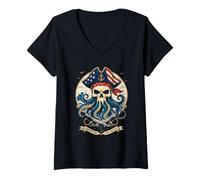 Women's American Pirate Octopus Skull Nautical Ocean Art V-Neck T-Shirt