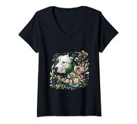 Womens American Pit Bull Terrier Botanical Dog Illustration V-Neck T-Shirt