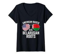 Womens American Raised with Belarusian Roots USA Belarus Flag V-Neck T-Shirt