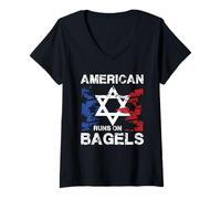 Womens American Runs On Bagels Jewish Star Flag V-Neck T-Shirt