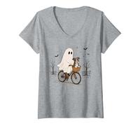 Women's American Staffordshire Terrier Ghost Bicycle Halloween Night V-Neck T-Shirt