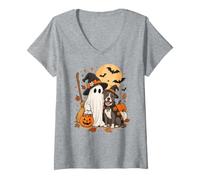 Women's American Staffordshire Terrier Ghost Witch Hat Halloween V-Neck T-Shirt