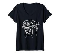Womens American Traditional Ugly Panther Head Outline Tattoo V-Neck T-Shirt