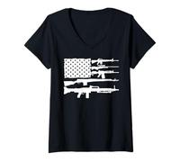 Womens American US Flag Assault Sniper Rifle Machine Gun Firearms V-Neck T-Shirt