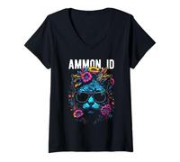 Womens Ammon Idaho Cat Wearing Sunglasses and Flowers Design V-Neck T-Shirt