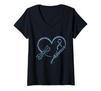 Womens Anal Cancer Warrior Dragonfly Teal Purple Ribbon Hope V-Neck T-Shirt
