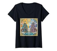 Womens Ancient Japan Deity Izanagi and Izanami Stained Glass V-Neck T-Shirt