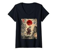 Women's Ancient Japan Samurai Cat Under Reddish Sun V-Neck T-Shirt
