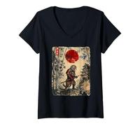 Women's Ancient Japan Samurai Monkey Under Reddish Sun V-Neck T-Shirt