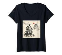 Women's Ancient Japan Samurai Penguin Katana Warrior V-Neck T-Shirt