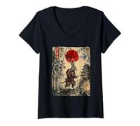 Women's Ancient Japan Samurai Rabbit Under Reddish Sun V-Neck T-Shirt