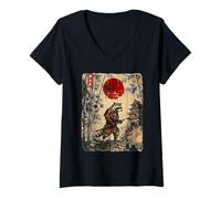 Women's Ancient Japan Samurai Raccoon Under Reddish Sun V-Neck T-Shirt