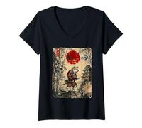 Women's Ancient Japan Samurai Shiba Inu Dog Under Reddish Sun V-Neck T-Shirt