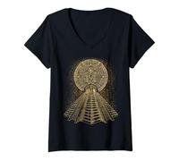 Womens Ancient Sacred Mayan Aztec Calendar Pyramid Geometry V-Neck T-Shirt