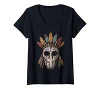 Women's Ancient Spirit Mask with Colorful Feathers Halloween V-Neck T-Shirt