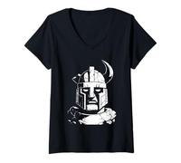 Women's Ancient Warrior Mask Stone Face V-Neck T-Shirt