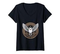 Womens Ancient Wisdom Owl Emblem Celestial Stars Mandala V-Neck T-Shirt