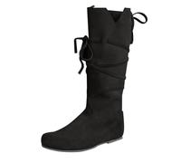 Women's and Men's Spring and Autumn Winter Flat Heel Thick Sole Medieval Role Playing Round Toe High Top Mid Top Boots Wide Calf Cow Girl Boots (Black, 6)