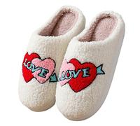 Women's and Men's Valentine's Day Heart Pattern Slippers Unisex Couple Warm Winter Slippers Soft Plush Slippers Comfortable Slippers Non-Slip House Slippers, 01 Red, 9.5 UK