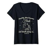 Womens and The Word Become Flesh Christ Merry Christmas Bible Faith V-Neck T-Shirt