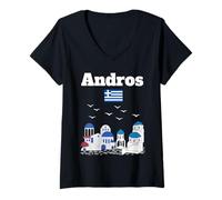 Womens Andros Greek Island Souvenir Greek architecture Greece flag V-Neck T-Shirt