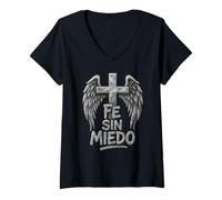 Womens Angel Wings Faith Religious Fe Sin Miedo Cross Vintage V-Neck T-Shirt