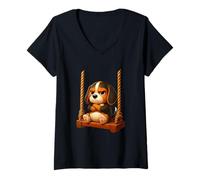Women's Angry Beagle Cartoon on Playground Swing V-Neck T-Shirt