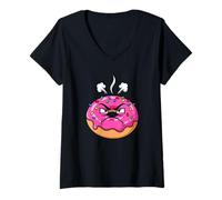 Women's Angry Cartoon Donut Mixed Funny Emotions Design V-Neck T-Shirt