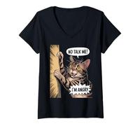 Womens Angry Cat Mood Humor Sarcastic Pet Lover V-Neck T-Shirt
