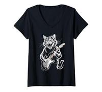 Womens Angry Cat Playing Guitar Rock Fans and Music Lovers V-Neck T-Shirt