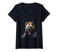 Womens Angry Hyena Head Roaring Wild Animal Safari Art V-Neck T-Shirt