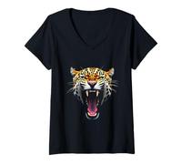 Womens Angry Jaguar Head Roaring Wild Animal Jungle Art V-Neck T-Shirt