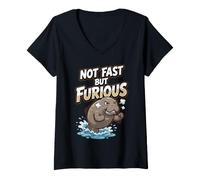 Women's Angry Manatee Not Fast But Furious Funny V-Neck T-Shirt