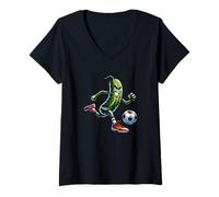 Womens Angry Pickle Soccer Player Football Cartoon V-Neck T-Shirt