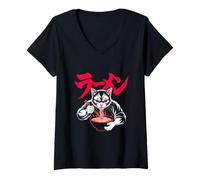 Womens Angry Ramen Cat Japanese Streetwear V-Neck T-Shirt