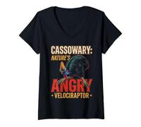 Women's Angry Velociraptor Cassowary Birds Lover Dinosaur Cassowary V-Neck T-Shirt