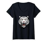 Women's Angry White Tiger Face Roaring Wild Big Cat Graphic V-Neck T-Shirt