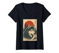 Womens Animal and Forest Lovers Portrait Japanese Art Sunset Wolf V-Neck T-Shirt
