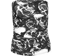 Womens Animal Aztec Print Strapless Ruched Boob Tube Ladies Bandeau Top - Skull Roses - 12-14