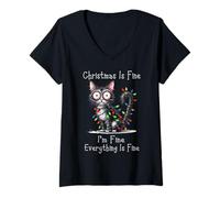 Womens Animal Christmas Grumpy Black Cat Cats Xmas Chaos V-Neck T-Shirt