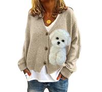 Women's Animal Dog 3D Print Long Sleeve Cardigans Button Down Ribbed Knitted Cardigan Casual Loose V-Neck Knitwear Coats Ladies Cardigans