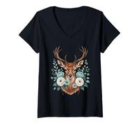 Women's Animal Flower Portrait Deer with Floral Elements V-Neck T-Shirt
