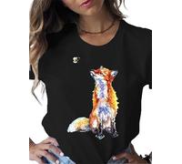 Women's Animal Fox Print T Shirts Cute 3D Fox Graphic Tees Short Sleeve Summer Tee Loose Basic Tops