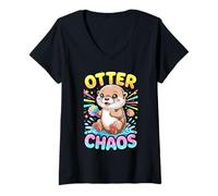 Womens Animal Puns Otter Chaos Cute Kawaii Pastel Otter V-Neck T-Shirt